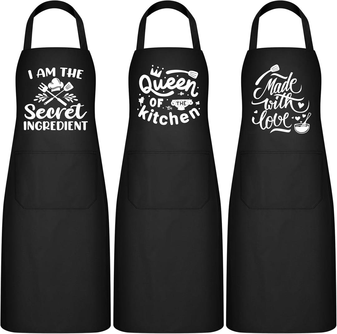 Jeyiour 3 Pack Funny Cooking Aprons Women Oil-proof Kitchen Aprons with Pockets for Home Chef BBQ Birthday Thanksgiving Gift(Black)