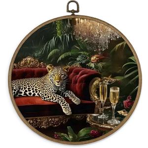 MAQIKA Vintage Leopard Framed Wall Art Decor, Maximalist Luxury Leopard Round Wall Hanging Decor, Moody Cheetah Wild Animal Canvas Prints Wall Art for Home Bedroom Living Room Gallery, 10x10 Inch