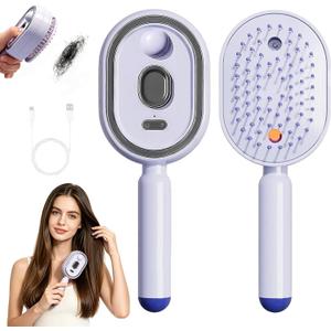 Electric Spray Air Cushion Massage Comb, Upgraded 5 in 1 Rechargeable Air Cushion Hair Brush, Retractable Self-Cleaning Steam Brush for Frizzy Hair & Scalp Care, Anti-Static & Detangling (Purple)