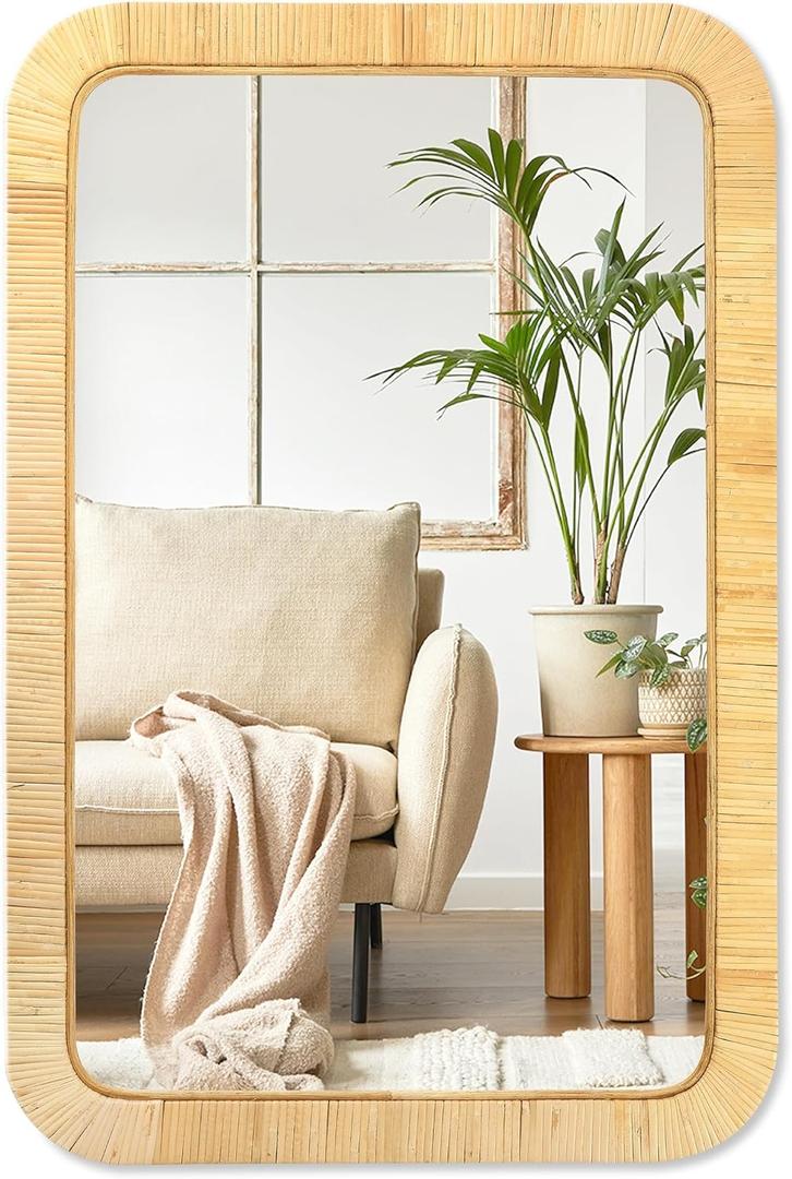 PERFNIQUE Rattan Mirror, 36'' x 24" Rectangle Boho Bathroom Mirror, Decorative Wall Nursery Decor, Rustic Farmhouse Handmade Wicker Mirror for Bathroom Bedroom Entryway Living Room Decor 2 Packs