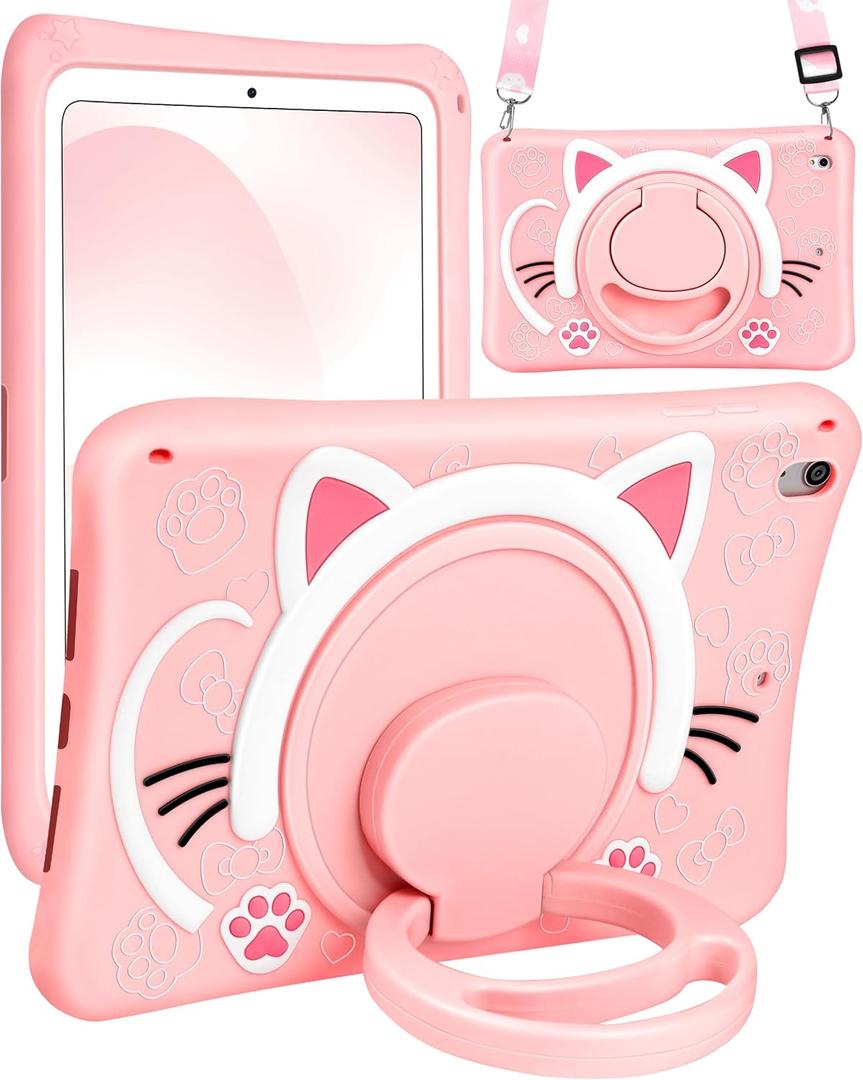 for iPad Air 3rd Generation Case, Pro 10.5 Case Girls Cute Cat Kawaii Cover Girly 3D Cartoon with Rotating Handle Stand & Strap Soft Silicone Funda for Apple iPad Air 3, Pro 10.5 Cases