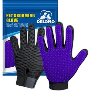 Upgrade Version Pet Grooming Glove - Gentle Deshedding Brush Glove - Efficient Pet Hair Remover Mitt - Enhanced Five Finger Design - Perfect for Dog & Cat with Long & Short Fur - 1 Pair (Purple)