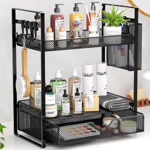 VITVITI 2 Tier Bathroom Organizer Countertop with Drawer, Metal Mesh Bathroom Counter Vanity Organizer Storage, Bath Room Sink Kitchen Spice Rack with Basket Hooks, Black