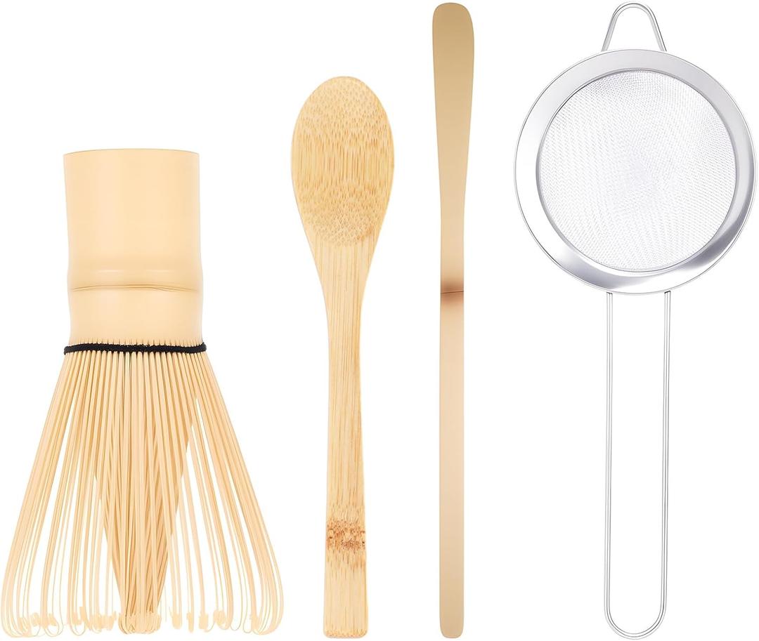 Matcha Whisk Set, 4-Pack Matcha Kit Accessory with 100-Prong Handmade Bamboo Chasen Wisk Mixer, Scoop, Spoon, and Sifter, Perfect for Making Ceremonial Macha Tea, Gift for Mocha Lovers