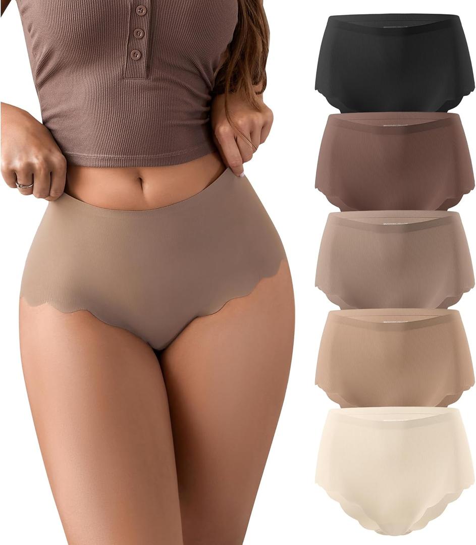 SHARICCA Seamless High Waisted Underwear for Women Cheeky Underwear Wave Edge No Show Bikini Panties Ribbed Panties Pack (Medium, Pack of 5 - Brown)