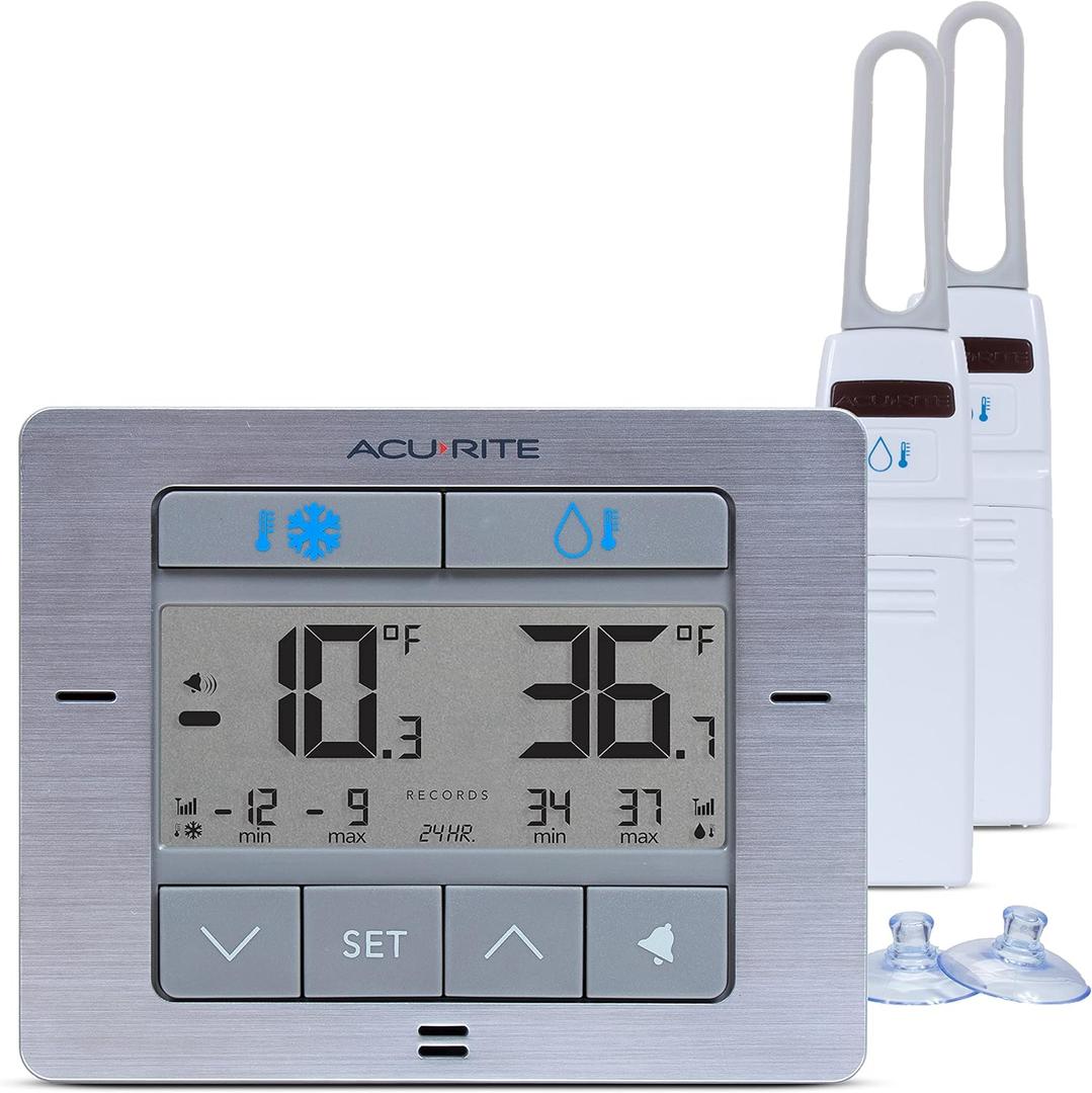 AcuRite Digital Wireless Fridge and Freezer Thermometer with Alarm, Max/Min Temperature for Home and Restaurants (00515M) 4.25" x 3.75" (Premium - Stainless)