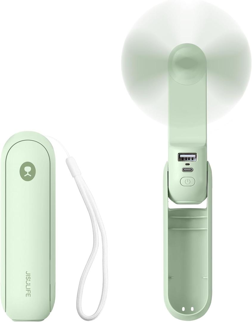 JISULIFE Portable Handheld Fan, Mini 3 In 1 with Rechargeable Battery, Personal Pocket Fan for Travel, Outdoor, USB Power Bank, Flashlight, Essential Ideal Gifts for Summer/Concert/Vacation - Green
