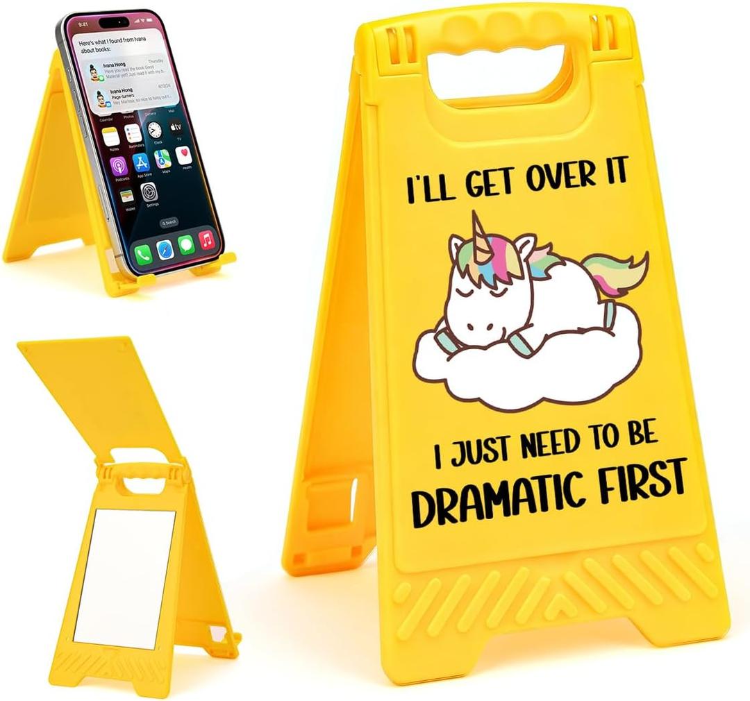 Funny Office Encourage I'Ll Get Over It Desk Sign Yellow Warning Style Table Decor Humor Gift for Coworkers Friends Home Office Tabletop Cubicle Phone Holder Mirror Stand