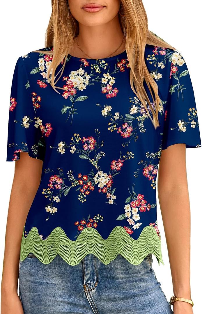 LOLONG Womens Short Sleeve Printed Tops Summer 2026 Crew Neck Color Block Casual Blouses (M)