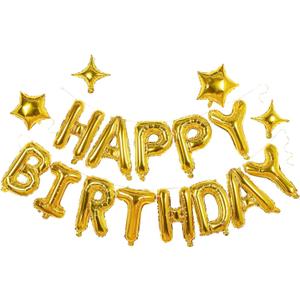 Gold Happy Birthday Banner Balloon Aluminum Foil 16 Inch Letter,10 Inch Five Pointed Star Four Pointed Star Suitable for Kids, Men, Women, Boys and Girls Party Decoration Supplies