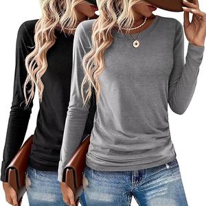 2 Pack Womens Tops Crewneck Soft Long Sleeve Shirts Fall Clothes Casual Tshirts Basic Tee (Medium, Black+Grey)
