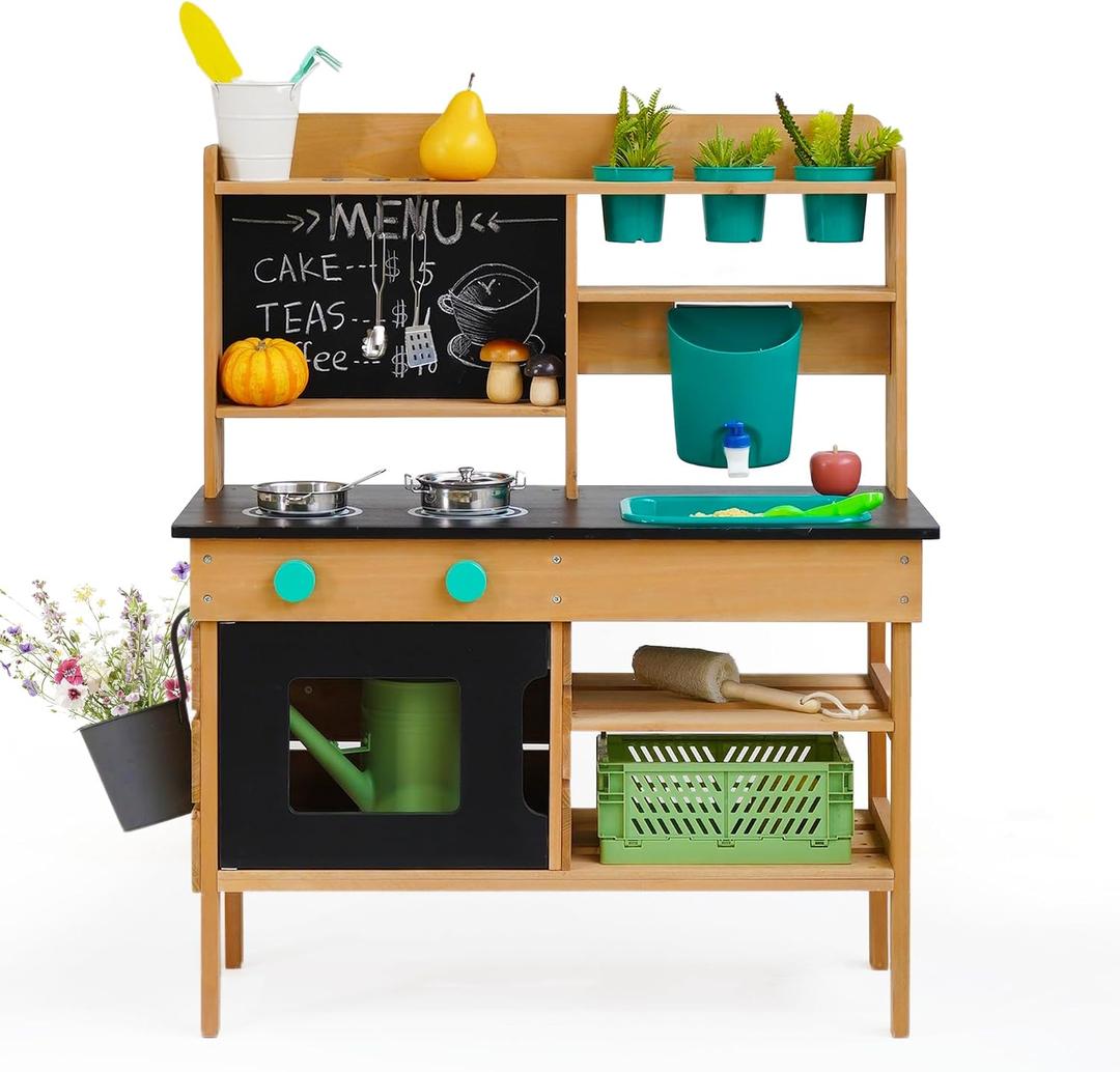 Mud Kitchen for Kids Outdoor, Wooden Play Kitchen with Real Working Faucet & Water Tank, Sensory Montessori Kitchen Playset with Sink, Chalkboard, Pots & Pans for Toddlers & Kids Ages 3+, 33.9 inches x 12.1 inches x 16.4 inches