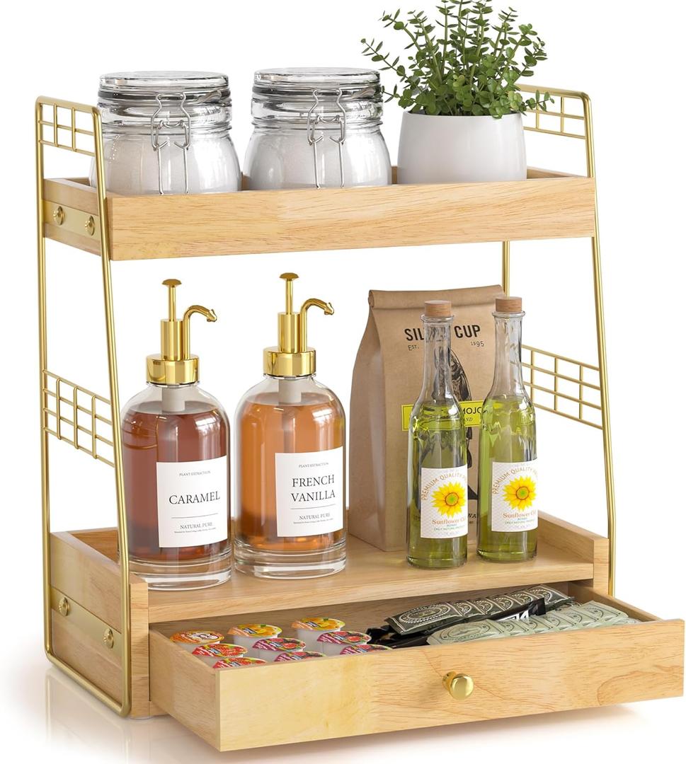 Coffee Bar Station Organizer with Built-In Drawer, 2-Tier Countertop Shelf for Tea Bags, Coffee Accessories, Syrup Bottles (Natural)