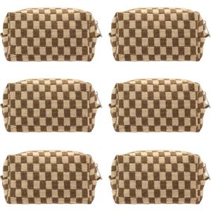 Pazimiik Checkered Makeup Bag for Purse Portable Zipper Make Up Pouch Small Cosmetic Case for Travel Accessories (6PCS Coffee)
