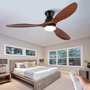 okdeng Dimmable 52 Inch Flush Mount Ceiling Fans with Lights and Remote, 3 Blade Wood Bedroom Ceiling Fan with Lights Low Profile Ceiling Fan with Light Outdoor Ceiling Fans for Patios Living Room