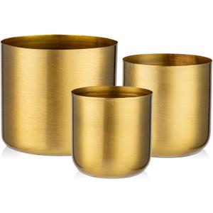 Briful Small Gold Metal Vases 3 Packs Decorative Accent Planter Pots for Herbs Flowers, Modern Contemporary Design Stainless Steel Buckets for Wedding Farmhouse, Dia. 4.1in/4.7in/5.9in