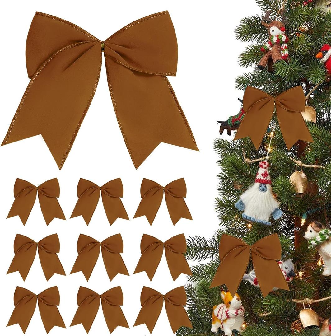 12Pcs Vintage Velvet Bows Christmas Tree Decorations,6 Inch Brown Xmas Ornaments for Tree Home Party Front Door Wreath Holiday Indoor Inside Decor