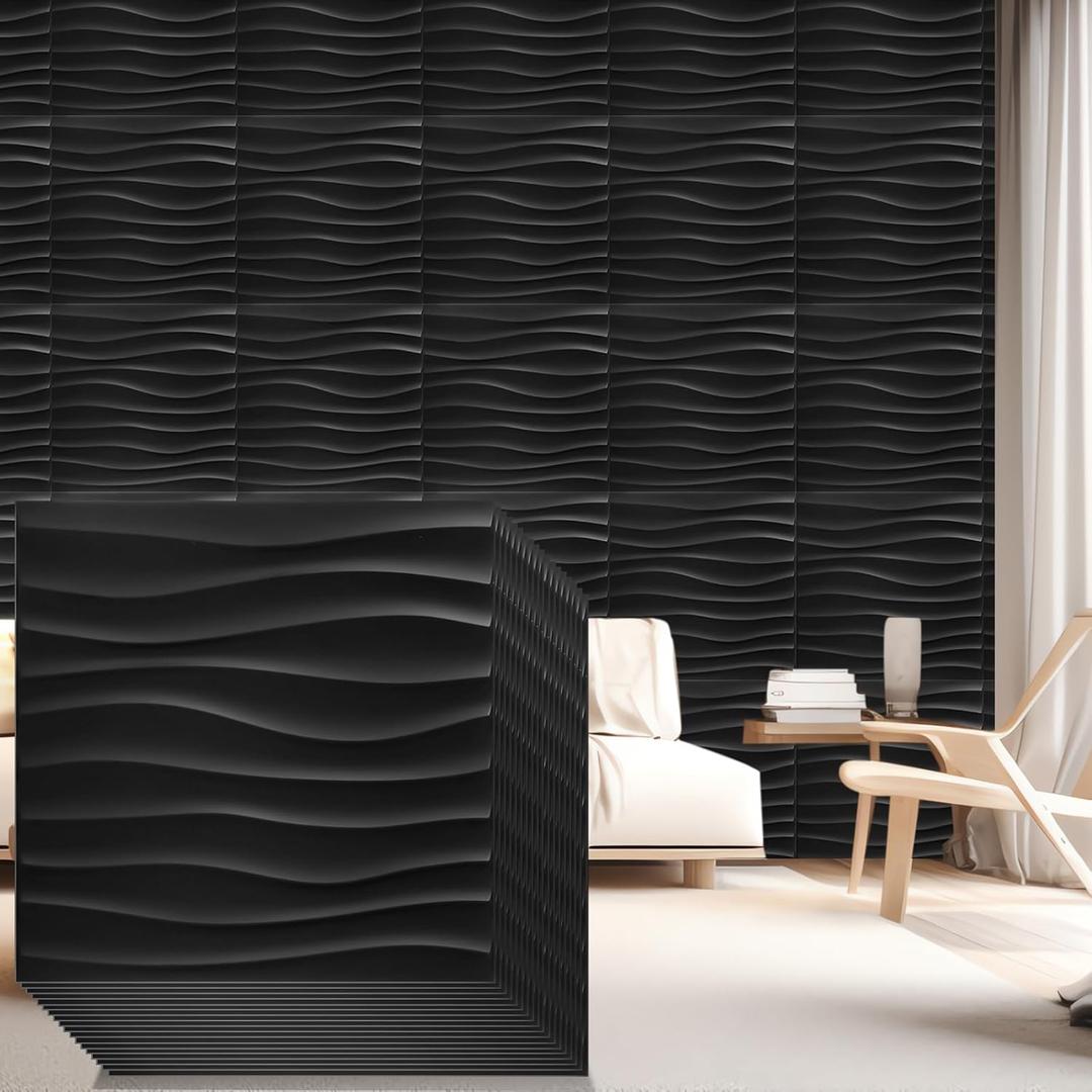 Nuanchu 48 Pcs 3D Wall Panels 12 x 12 Inch PVC Textured Wall Tiles Cuttable Glue up Modern DIY Accent Tiles Panels for Hotel Office Living Room Bathroom TV Background (Black)
