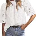 PRETTYGARDEN Summer Tops for Women 2026 Short Sleeve Embroidered Eyelet Shirts Dressy Casual Blouses Spring Fashion Clothes (White, S)