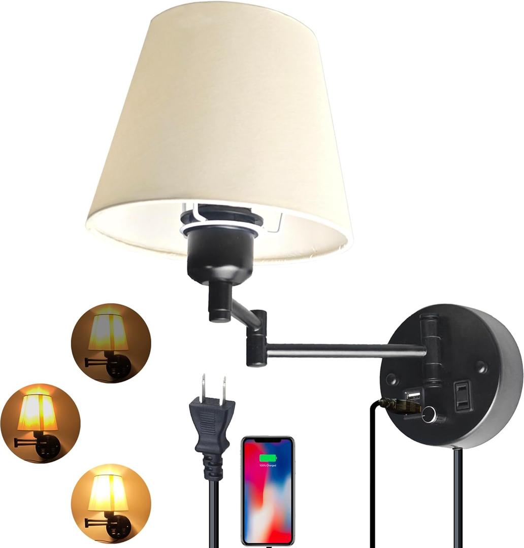 Wall Lamp Plug in with USB and 2 Pin Socket,Wall Mount Lights That Plug in Cord and Switch,Wall Mount Lights for Bedroom Reading Lamps,Nightstand(Bulbs Not Included) (1 Pack)