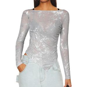 Women's Long Sleeve See Through Glitter Tops Ladies Boat Neck Mesh Sheer Sparkly Sexy Tight Blouses