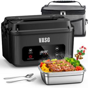 VASG Advanced Cordless Heated Lunch Box for Adults, XXL 5.1-Cup Electric Lunch Box with 360 Surround Rapid Heating, 12000mAh Portable Food Warmer with Timer, LCD Display for Office, Car & Outdoors (Black)