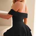GOKATOSAU Women's Off Shoulder Folded Neck Tiered Ruffle Hem Bodycon Ruched Waist Mini Dress Black, S
