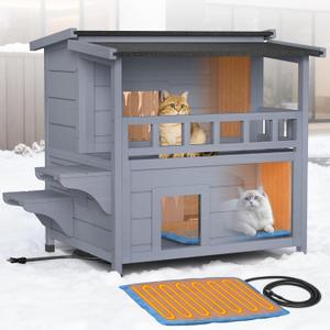 Heated Cat House for Outside - Wooden Outdoor Cat house Weatherproof with Escape Door, 2 Story Insulated Cat Houses, Warm Feral Cat Shelter with Heated Pad, Winter Cat Houses for Outdoor Cats