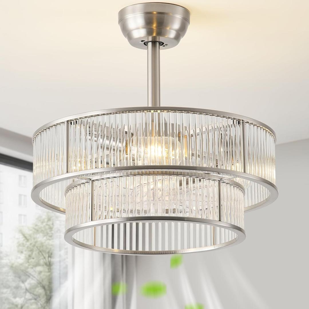 hummingbird 20 Inch Crystal Fandelier Ceiling Fan with Lights and Remote, Caged Chandelier Ceiling Fan, Quiet Reversible 6-Speed Enclosed Fan with Light for Bedroom Living Room, Silver