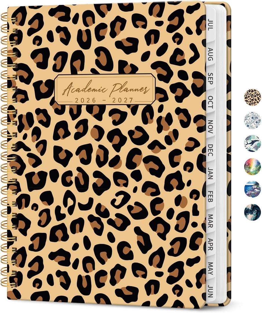 Planner 2026-2027, Academic Year Monthly and Weekly Calendar Planner, Jul 2026 - Jun 2027, Hardcover Teacher Student Planning Agenda book with Tabs, Perfect for School Office Supplies, 8.5" x 11" - Leopard