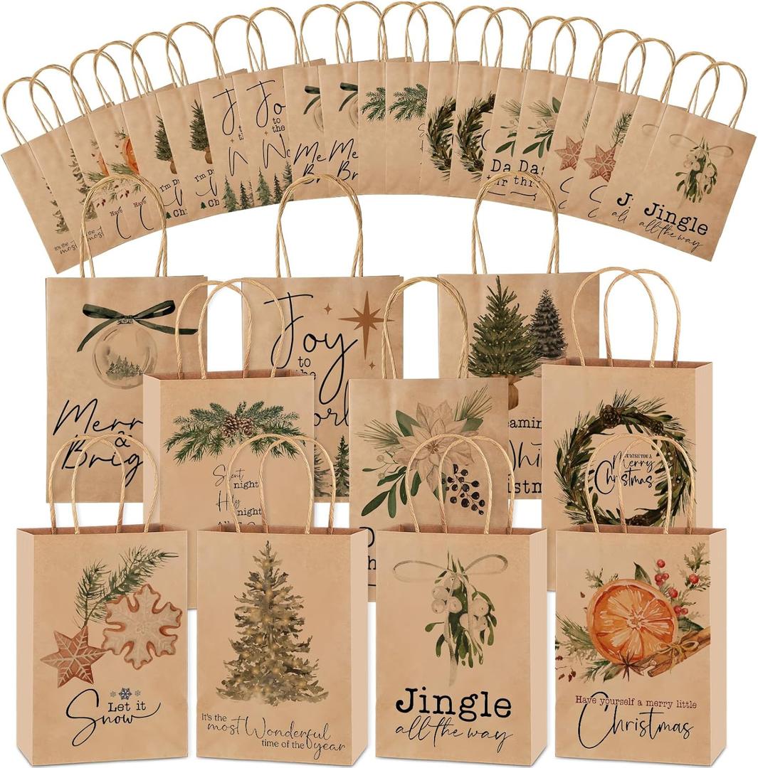 Tenceur 20 Pcs Christmas Gift Bags Bulk with Handles Reusable Kraft, Holiday Vintage Small Paper Christmas Bags for Gifts for Xmas Stuffer Candy Present Wrapping, 8.27 x 5.91 x 3.15 Inches (Brown)