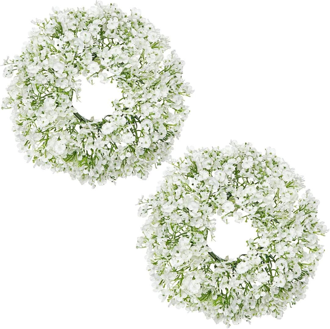 Hollyone 2Pcs Small Artificial Baby Breath Flowers Wreath 10 Inch White for Front Door Decor Faux Gypsophila Wreath Fake Baby Breath Flower Garland Candle Ring Kitchen Cabinet Chairs Tabletop Decor