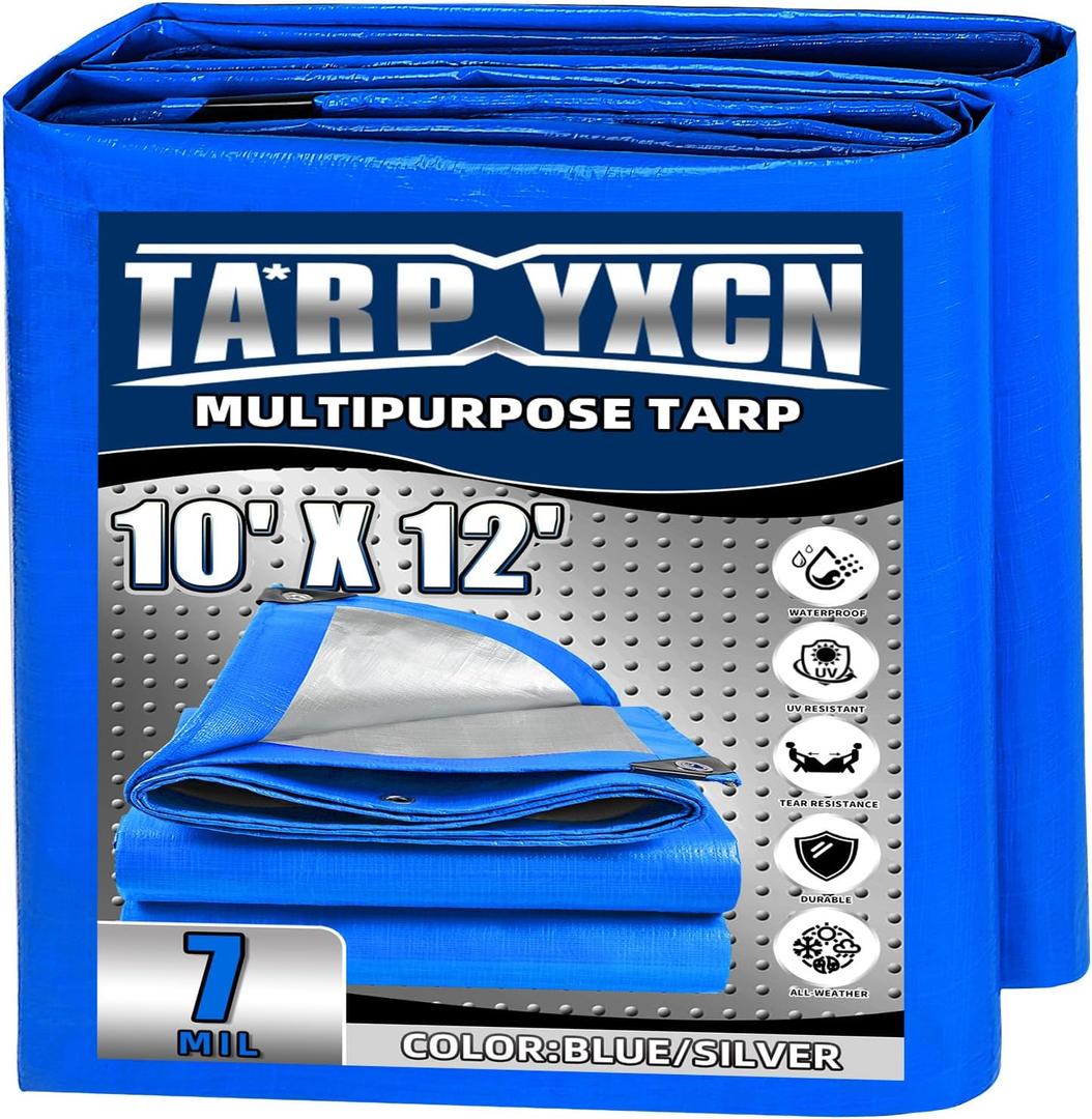 Tarp 10x12 Feet, 7 Mil Thick Waterproof Poly Tarps Cover UV Resistant, Rip & Tear Proof with Metal Grommets Every 20 Inche (Blue/Silver)