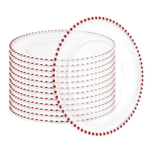 24 Pack Clear Charger Plates with Beaded Rim, 13 Inch Plastic Chargers for Dinner Plates Acrylic Round Tabletop Decoration for Home Kitchen Catering Wedding Table Event Party Dinner (Red)