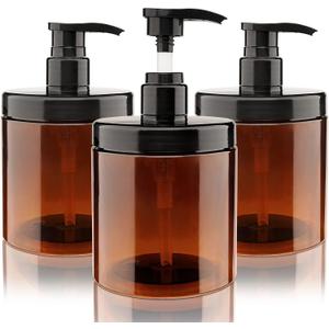Pump Bottle Dispenser 3 Pcs 600ml/20oz Refillable Plastic Pump Bottles Wide Mouth Jar Style BPA Free Empty Pump Bottles Bathroom Shower Containers for Lotion Shampoo Conditioner (Brown)