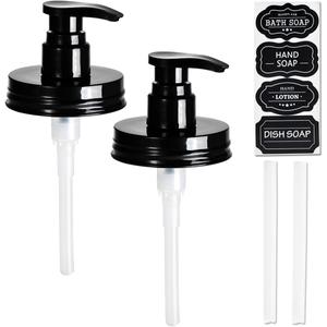 Amolliar Plastic Mason Jar Soap Dispenser Lids(2) - Universal Pump Replacement for Regular Mouth Jar - Long Tubes & Cute Lables -Farmhouse Decor for Kitchen, Bathroom, Dish Soap, Lotions, Hand Soap (Black)