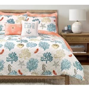 Lush Decor Coastal Reef Feather Reversible Quilt Set, 7 Piece Set, King, Blue & Coral - King Bedding Set Quilted - Coastal Decor - Beach House - Beachy Room