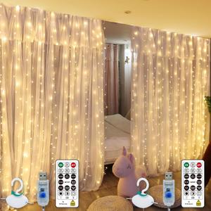 HXWEIYE 300LED Fairy Curtain Lights, 9.8x9.8Ft USB Plug-in 8 Modes Christmas String Hanging Lights with Remote for Bedroom Backdrop Wedding Indoor Wall Decor, Warm White, Standard  2 Pack