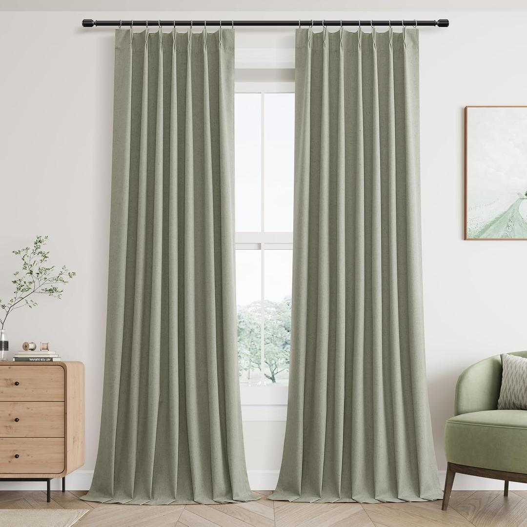 Sage Green Pinch Pleated Linen Blackout Curtains 100 Inches Long for Living Room 2 Panel Set 100% Black Out Pinch Pleat Hooks Rings Back Tab Drapes 100 Inch Curtain with Liner Bedroom Window