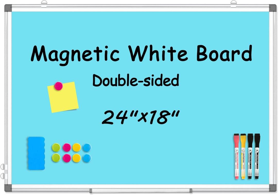 WALGLASS Magnetic Whiteboard 24"x18" Dry Erase White Board for Walls with Pen Tray, Aluminium Frame and Dry-Wipe Writing Surface for Kids' Drawing, Home, and Office (Blue)