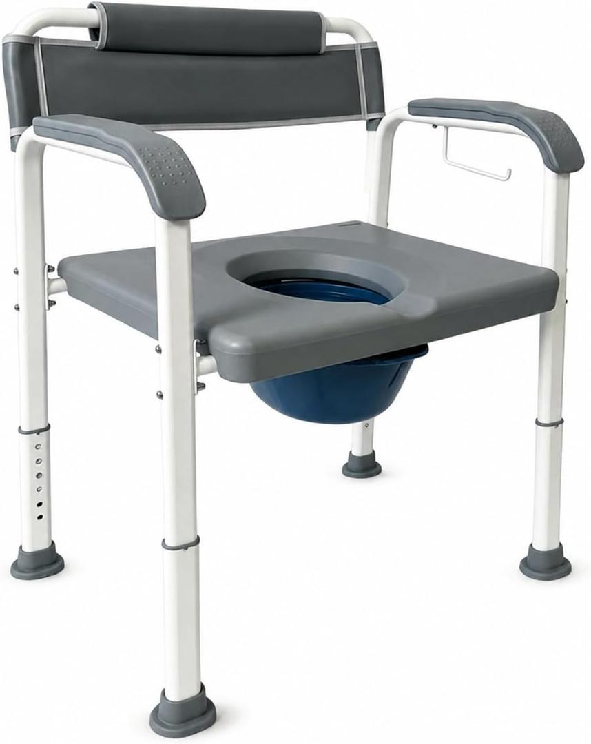 Bedside Commode Toilet with Extra Wide Seat and Backrest for Seniors, Heavy Duty 3-in-1 Commode Chair with Wide-Base Legs, 440 lb Capacity, Adjustable Height, Removable Bucket, 29.1 x 24 x 15.6-20.5 inches