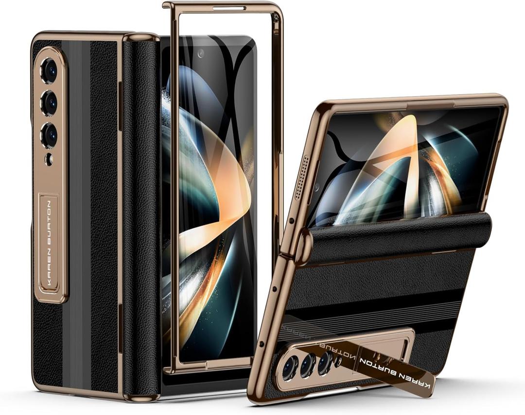 for Samsung Galaxy Z Fold 4 Phone Case [Luxury Premier Genuine Leather][Full Body Hinge Protection][Built-in Screen Protector][Kickstand Drop Proof Protective Cover] for Z Fold4 Black