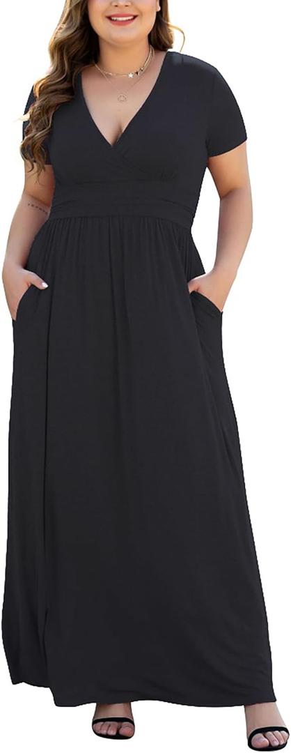 COSSEN Women's XL-5XL Plus Size Maxi Dresses Short Sleeve V-Neck Dress with Pockets 4XL Black