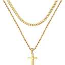 Ursteel Easter Gifts for Men Boys Kids - 18K Gold Plated Cross Necklaces Chain for Men Boys Gifts, Silver Rope Chain Layered Necklace Jewelry 16 18 20 22 24 Inch