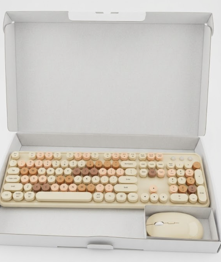 MPTOG Colorful Wireless Computer Keyboard and Mouse Combo with Round Typewriter Keycaps, Retro Design, Power Switch, Ergonomic Design, 2.4GHz Wireless for Windows, Mac, PC (Blue-Colorful)