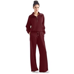 SUUKSESS Women 2 Piece Lounge Matching Sets Wide Leg Sweatpants Half Zip Oversized Sweatshirts (Burgundy, M)