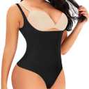 Thong Shapewear Bodysuit for Women Tummy Control Open Bust Body Shaper Slimmer Shaping Thong (Medium, #1 Pure Black)