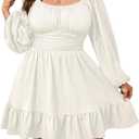Womens Plus Size Dress Casual Long Lantern Sleeve Square Neck Textured Ruffle Flowy Ruched A-Line Mini Dresses for Women (White, 3X-Large)
