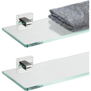 JQK Bathroom Glass Shelf, Floating Tempered Glass Shower Storage 12 by 5 inches, 304 Stainless Steel Polished Chrome Wall Mount 2 Pack, TGS201L12-CH-P2