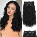Natural Black Clip-in Hair Extensions, 18 Inch Synthetic Curly Wavy Hair Pieces - Long, Thick Clip-ons for Women